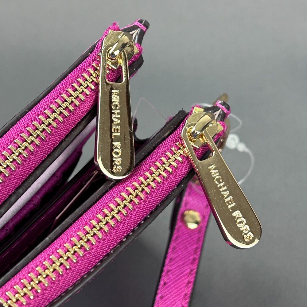 Michael Kors Pink Fuschia Leather Jet Set Travel Double Zip Wristlet Wallet - Picture 14 of 16